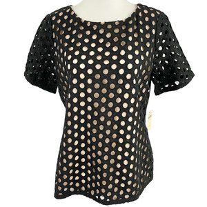 New Coldwater Creek Dot Eyelet Embroidered Short Sleeve Top Black Nude Size XS